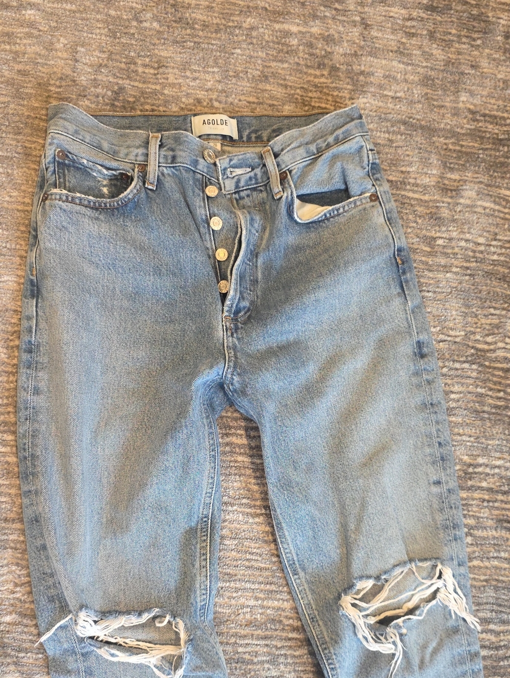 Agolde Light Blue Distressed Boyfriend Jeans with Button-Fly
